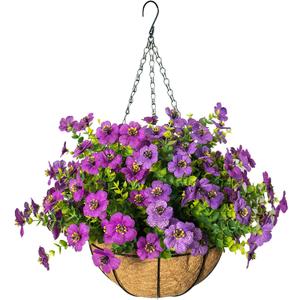 Artificial Hanging Flowers for Outdoors with Basket,UV Resistant Realistic Faux Hanging Plants Outdoor Artificial Flowers for Outdoors Basket for Yard Porch Patio Garden Home Decor,12 Bundles Mix (Purple+fuchsia)