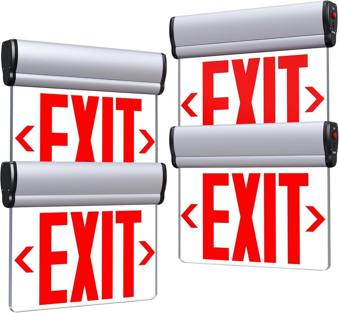 Led Edge-Lit Exit Sign ,Brushed Aluminum Housing Single-Sided Clear Rotating Acrylic Panel,Hardwired Emergency Exit Signs with Battery Backup, 120V-347VAC,Red Led Emergency Exit Light for Business , UL Listed,Top/Side/Wall Mount(4 Pack)