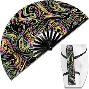 Lridescent Holographic Large Rave Bamboo Folding Clack Hand Fan With Holster for Men/Women Handheld Fan for EDM,Music Festival,Club,Freaky,Party,Dance,Performance,Decoration,Gift