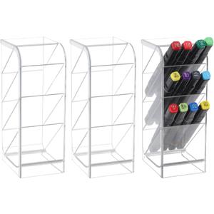 GLOBLELAND 3 Pack Clear Acrylic Pen Organizer Storage with 12 Compartments Vertical Marker Organizer Transparent Acrylic Pen Holder for Office Home Desk Desktop