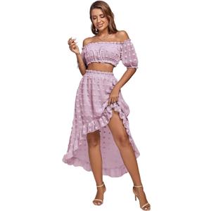 LYANER Women's 2 Piece Outfit Dress Off Shoulder Crop Top High Waist Ruffle Midi Skirt Set, XS Dusty Pink