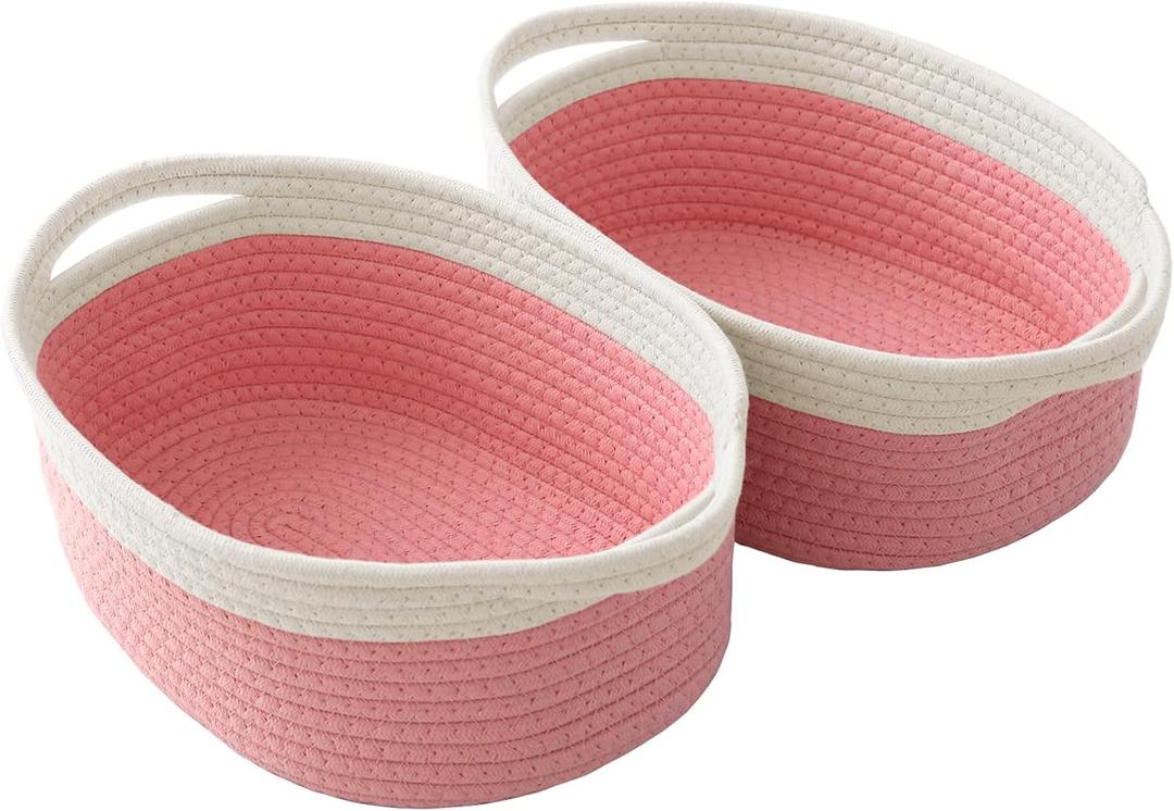 JMvicyroam Woven Basket,Small Rope Storage Bin with Handles & Ribbon Bag, Organizer for Shelves Closets,Gift Basket Empty for Birthday,Books,Dog Toys, White&Pink/2 Pack