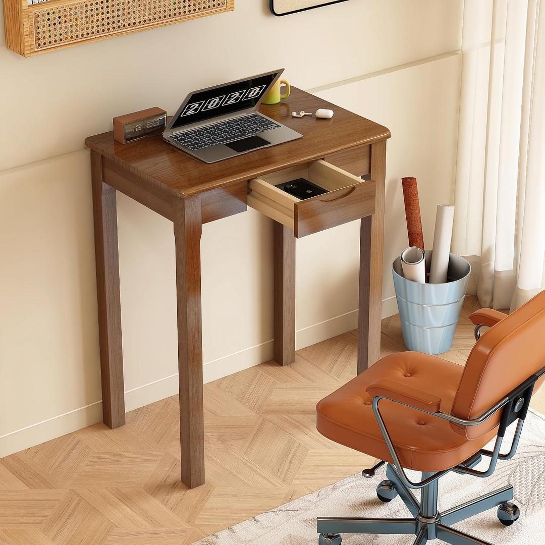 100% Solid Wood Desk with Drawers 24 x 16 Inch Mid Century Modern Desk Vintage Small Writing Wooden Desks for Small Spaces Bedroom, Living Room, Office, 23.6 x 15.7"