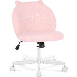 Vanity Chair with Cat Back,Armless Desk Chair Cute Small Office Chair,Teddy Fabric Computer Chair with Adjustable Height,120Tilting,Rolling,Swivel for Vanity,Kids Room,Office,Bedroom Pink