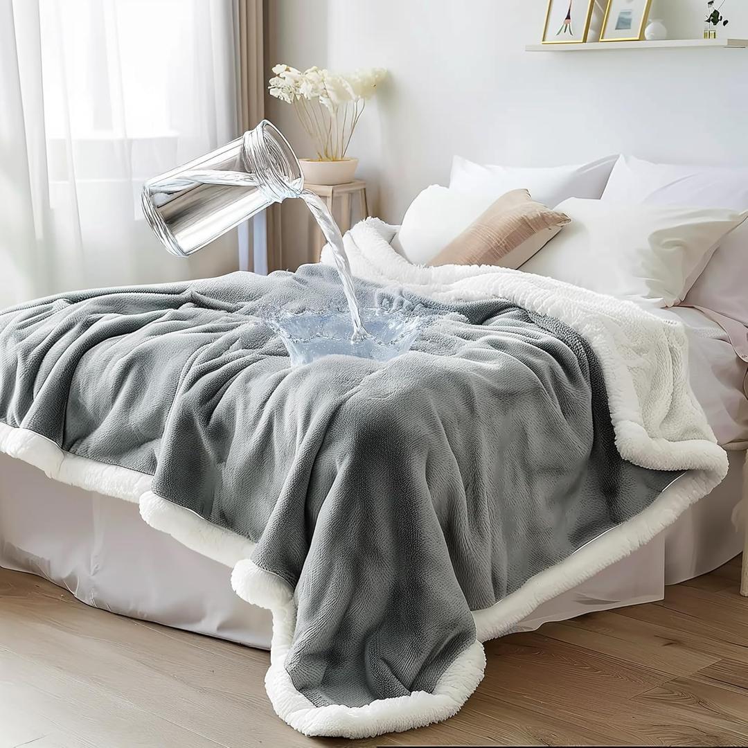 Waterproof Blanket Twin Size - Sherpa Fleece Reversible Throw, Soft Warm Leak-Proof Bed & Couch Protector for Kids, Pets & Everyday Spills (Velvet Gray/Cloud White, 65x90