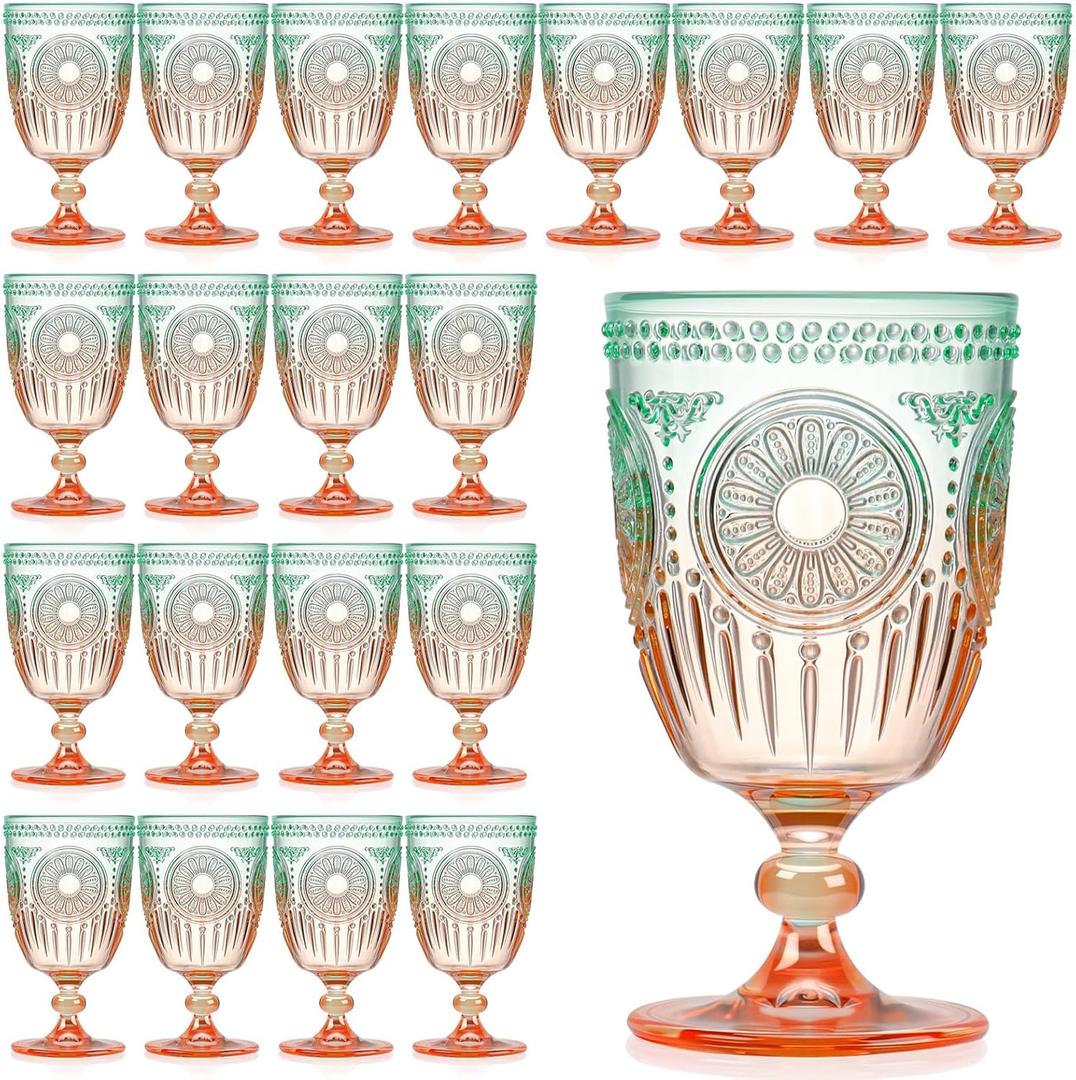 XUWAIDSGN 24Pcs Plastic Vintage Wine Glasses 13.5oz Reusable Embossed Goblet Glasses Green Orange Gradien Retro Wine Glassware Unbreakable Stemmed Champagne Water Cups for Cocktail Juice Wedding, 3.5"x 6.3"