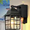 Gleamz Dusk to Dawn Outdoor Porch Light with GFCI Outlet, Modern Black Exterior Lighting Fixtures Wall Mount for House, AntiRust Outdoor Wall Sconce Lantern for Garage Coach with WaterRipple Glass