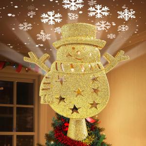 Brightown Christmas Tree Topper with Built-in 3D Glitter Led Snowflake Projector Lights, Gold Snowman Tree Toppers Christmas Decorations Indoor for Xmas New Year Party Holiday (Snowmen)
