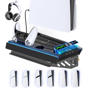 PS5 Wall Mount Kit with Charging Station for Edge & Dual Controller, 9 Light Modes PS5 Cooling Station with 3-Level Fan, PS5 Pro Stand Wall for PS5/Slim/Pro Disc&Digital, PS 5 Accessories Shelf Mount (Black)
