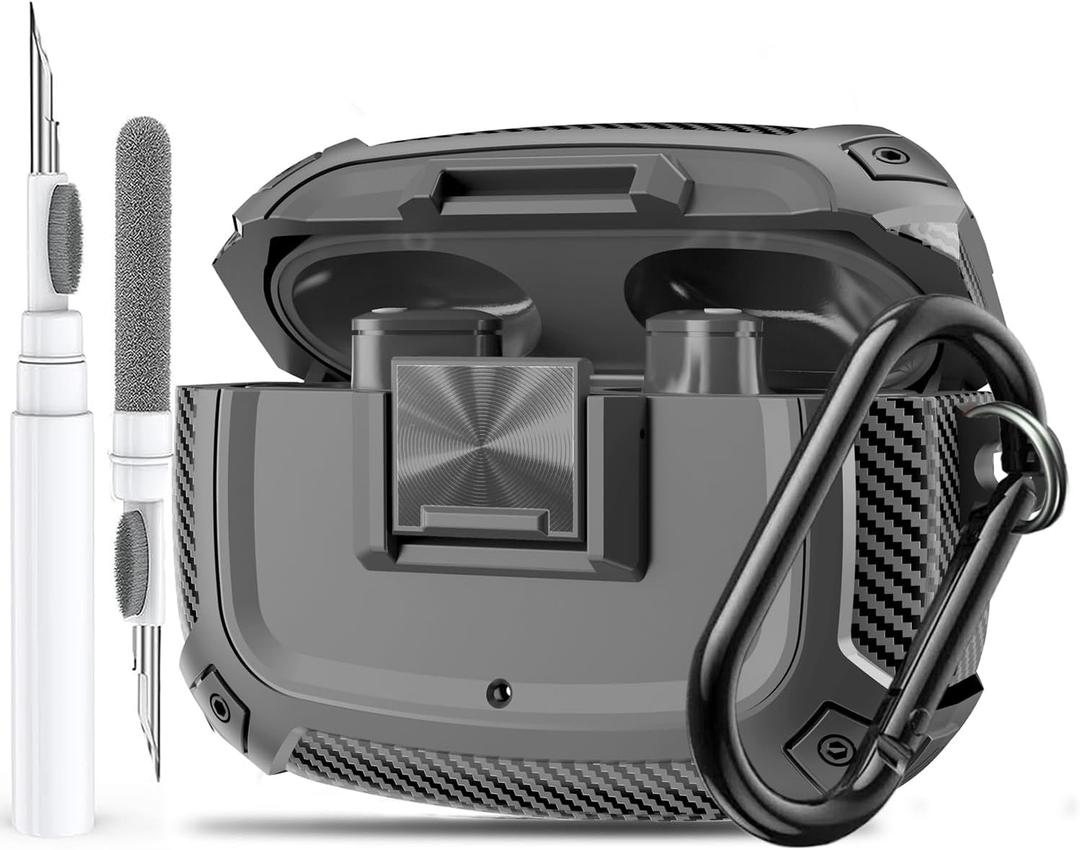 for Beats Studio Buds/Bud + Case Cover with Lock Clip 2021/2023, Rugged Shockproof Protective Hard Skin with Carabiner&Cleaner Pen Men Women for Beat Studio Buds/Bud Plus Earbuds - Grey