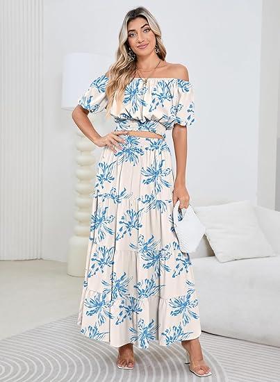 HUUSA 2025 Summer 2 Piece Boho Outfits for Women Short Sleeve Off Shoulder Crop Top and High Waist Flowy Long Skirt Set, Size: L