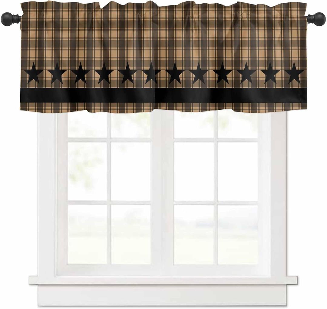 Checkered Stars Valances for Windows 42" W x 12" L Retro Brown Black Plaid Art Rod Pocket Curtains Valance Short Window Treatment Drapes for Living Room, Bedroom Bathroom Decor