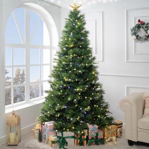 Evangeline 7.5ft Rotating Christmas Tree with Star Projector, 1504 Branch Tips, 500 Warm Lights and Rotating Base, 53" Wide Realistic Traditional Christmas Tree with Lights by Naomi Home