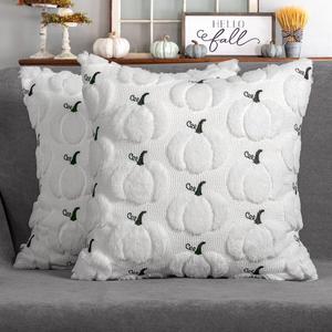 4TH Emotion Fall Pumpkins Pillow Covers 16"x16" Set of 2, White Soft Plush Faux Fur Wool Farmhouse Throw Cushion Cases for Autumn Thanksgiving Holiday Home Decorations