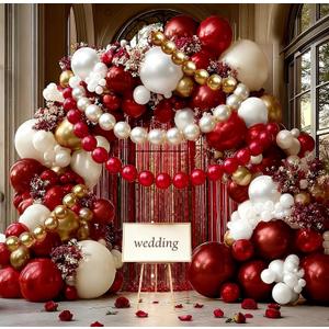 Red White Gold Balloon Arch Double Stuffed Burgundy Pearl White Sand Gold Balloon Garland Kit Red Linking Balloons Fringe Curtain for Birthday Bridal Shower Wedding Engagement Anniversary Party Decor