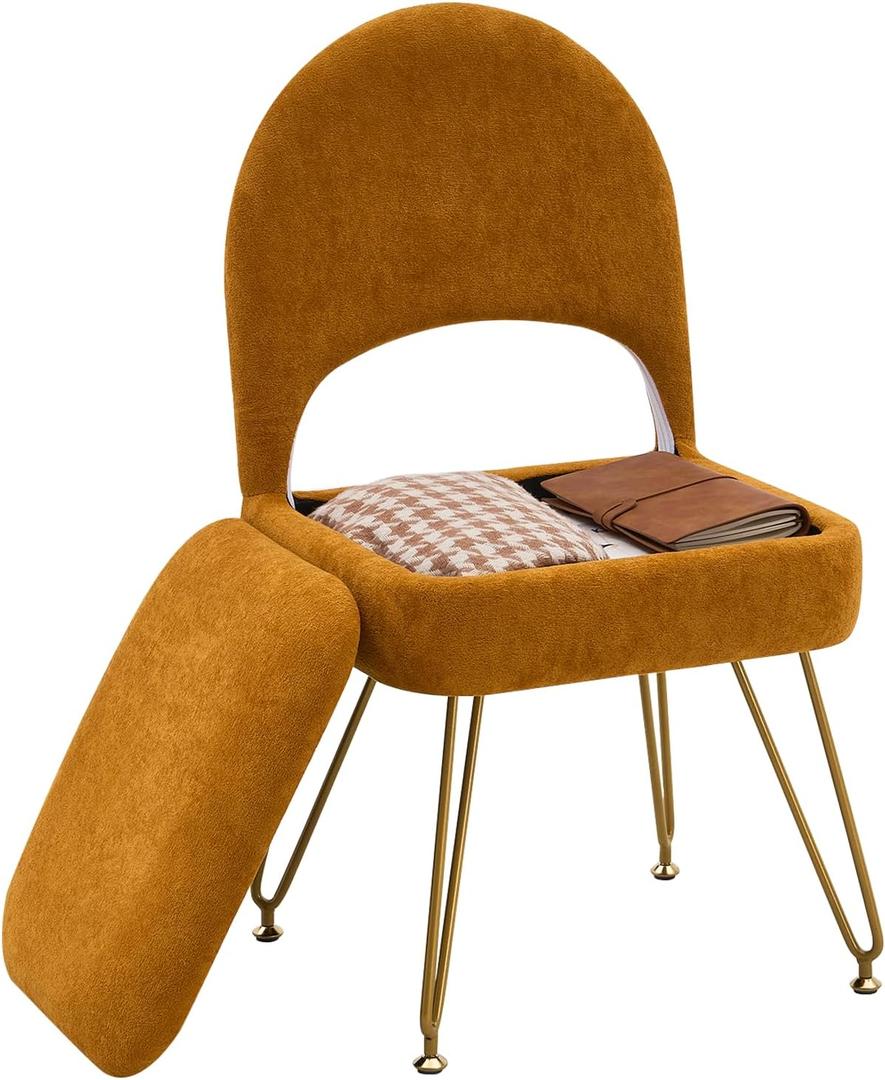 Vanity Stool Chair with Folding Back, Storage Ottomans Faux Fur Vanity Chair, Multifunctional Upholstered Footstool with 4 Metal Legs with Anti-Slip Feet for Bedroom Living Room Entryway