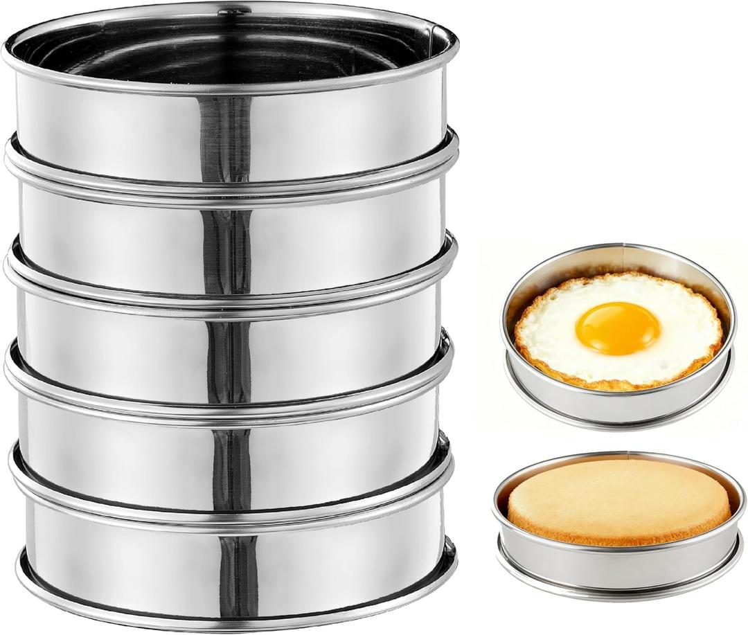 5PCS Crumpet Rings, 4" Stainless Steel Egg Rings for English Muffin, Tart, Cookie, Frying Egg, Double Rolled Round Cake Mold