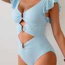 B2prity Women One Piece Swimsuit Tummy Control Ruffle Sleeve V Neck Bathing Suit Cutout Sexy High Waisted Monokini (Blue, XL)