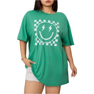 SOLY HUX Women's Plus Size Graphic Tees Crew Neck Short Sleeve T-Shirts Checkered Loose Tee Tops (Green, XL)