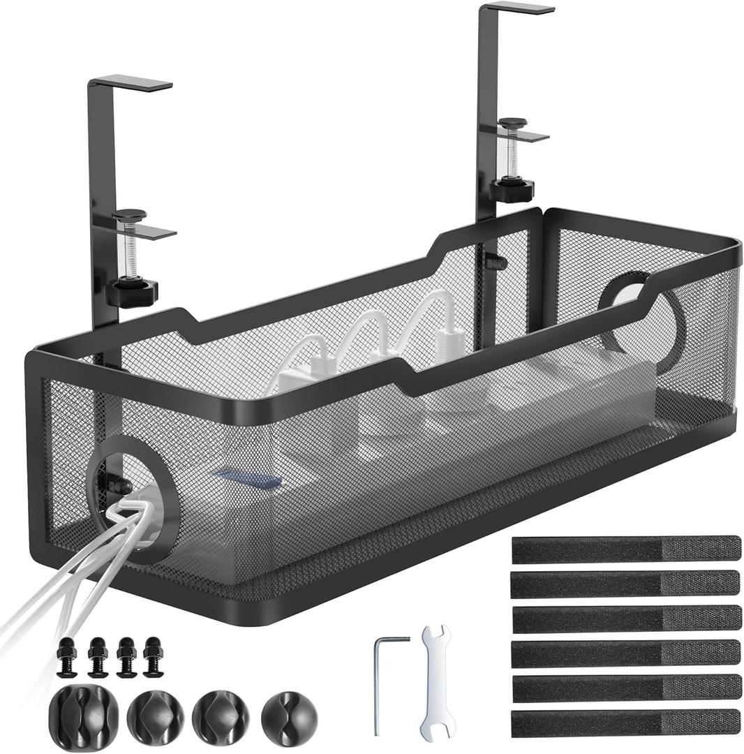 Under Desk Cable Management Tray Black, Cinati Wire Organizers No Drill, Cable Tray with Clamp for Wire Management, Cord Organization Box for Office, Home - No Damage to Desk