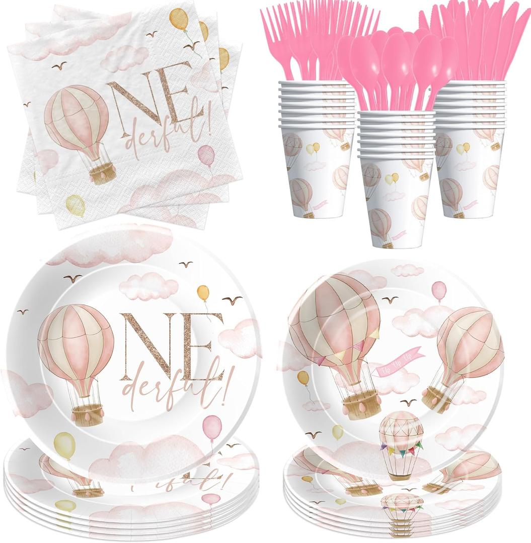 Hot Air Balloon First Birthday Decorations Tableware Girl - Hot Air Balloon Onederful Birthday Party Supplies, 1st Paper Plate, Cup, Napkin, Disposable Cutlery, Serves 24