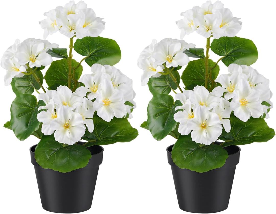 2 Pack Artificial Geranium Flowers Small 13 Inch Faux Flowers Spring Summer Decoration Fake Flowers for Home Office Table Decorations Indoor (White)