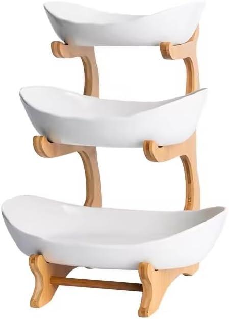 3-Tier Fruit Bowl Stand Space-Saving Fruit Holder with White Plastic Baskets & Bamboo Frame | Modern Countertop Organizer for Fruits, Vegetables, Snacks & More | Eco-Friendly Kitchen Storage Rack