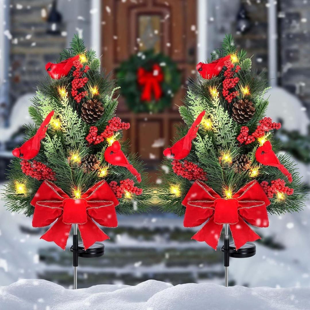 2 Pack Outdoor Pathway Christmas Tree Urn Filler Solar Waterproof Cemetery Xmas Tree Faux Poinsettias Pine Cones Red Brids Berries Pathway Light Ornament Stakes for Yard Garden Lawn Walkway Cemetery
