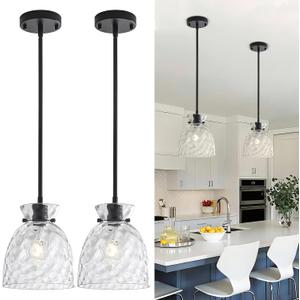 Black Pendant Lights Kitchen Island 2 Pack, Modern Hammered Glass Kitchen Pendant Lighting Over Island, Adjustable Hanging Pandent Light Fixtures Small Island Lights for Kitchen, Sink, Bar, 7.5Inch
