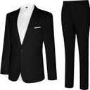Linen Men Suit Set Casual Tuxedo 2 Piece Regular Fit Blazer One Button Solid Jacket and Pants for Prom Wedding Party (Black, XL)