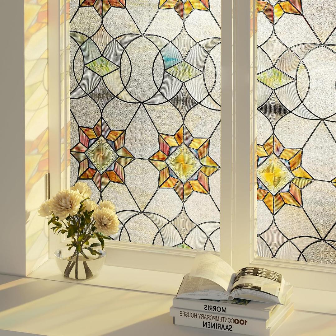 Oxdigi 3D Stained Glass Window Film - Static Cling Privacy Protection & UV Blocking, Floral Geometry Pattern 35.4x78.7 (No Residue, Reusable)