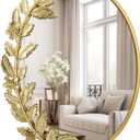 Gold Oval Decorative Mirror, 18x24 Inch Metal Frame Ornate Flower Leaves Modern Wall Mirror for Living Room, Bedroom, Entryway, Dresser, Bathroom