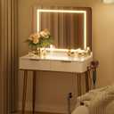 Makeup Vanity Desk with Lights and Mirror, Small Makeup Vanity Table with 2 Drawers, Dressing Table with 3 Adjustable Lighting Color, Small Makeup Desk for Bedroom, White with Gold Leg