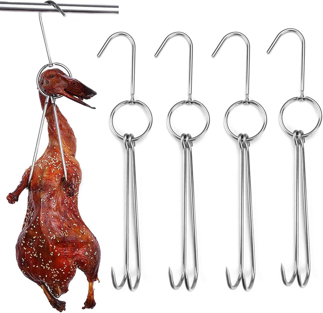 NUOMI 4 Pcs Stainless Steel Meat Hooks with Double Hook Poultry Roast Duck Bacon Hanging Hook Grill Hanger for Drying, Cooking, BBQ, M-11.5 ,Cooking Utensils, Namely, Grills