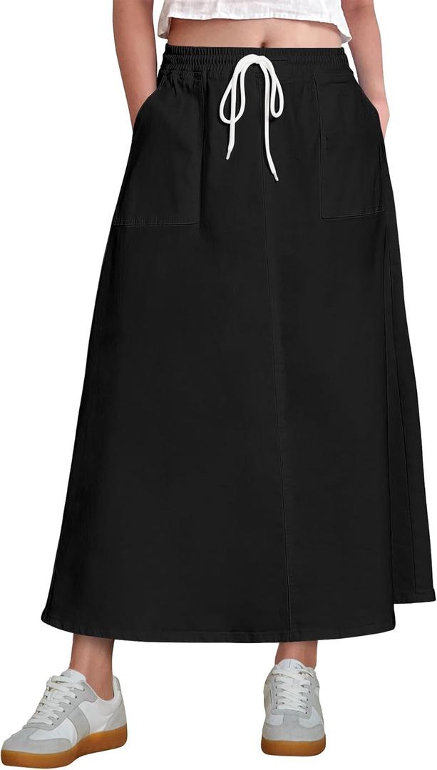 luvamia Denim Skirts for Women Trendy A Line Long Maxi Pull On Elastic Waist Drawstring Stretchy Jean Skirt with Pockets Plus Size Skirts True Black Size XX-Large Fits Size 20 Size 22