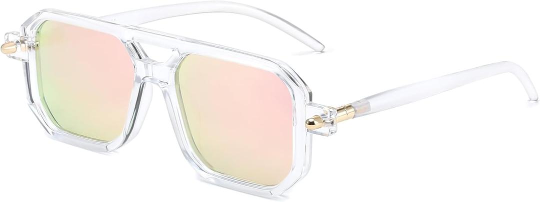 FEISEDY Vintage Square 70s Flat Aviator Sunglasses Women Men Classic Retro Stylish Frame UV400 Sunglasses B2622 (030 Transparent Frame & Pink Mirrored Lens)