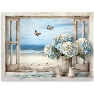 Vintage Ocean View Window Canvas Wall Art, High-Resolution Print with Fresh Blue and White Hydrangeas and Butterflies, Rustic Style Decor for Bathroom, Bedroom, Office Framed 24"x32"