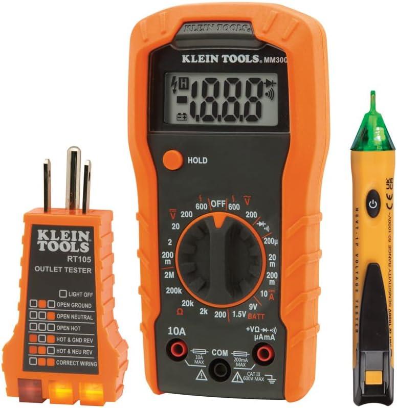 Klein Tools 69149P Electrical Test Kit with Digital Multimeter, Non-Contact Voltage Tester and Electrical Outlet Tester, Leads and Batteries
