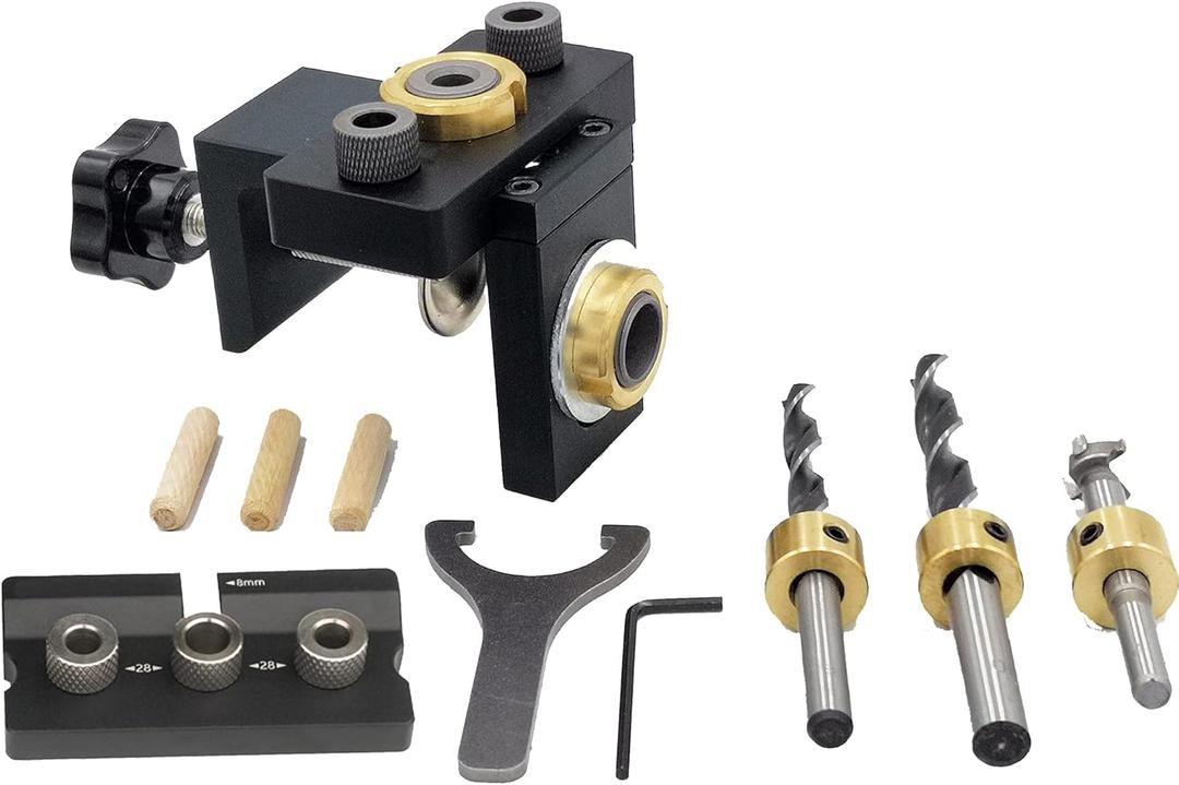 3 in 1 Doweling Jig Drill Kit, Adjustable Drilling Guide for Woodworking Pocket Hole Jig Kit for Embedded Nuts, Bolts and Eccentric Nuts With 8/10/15mm Bits
