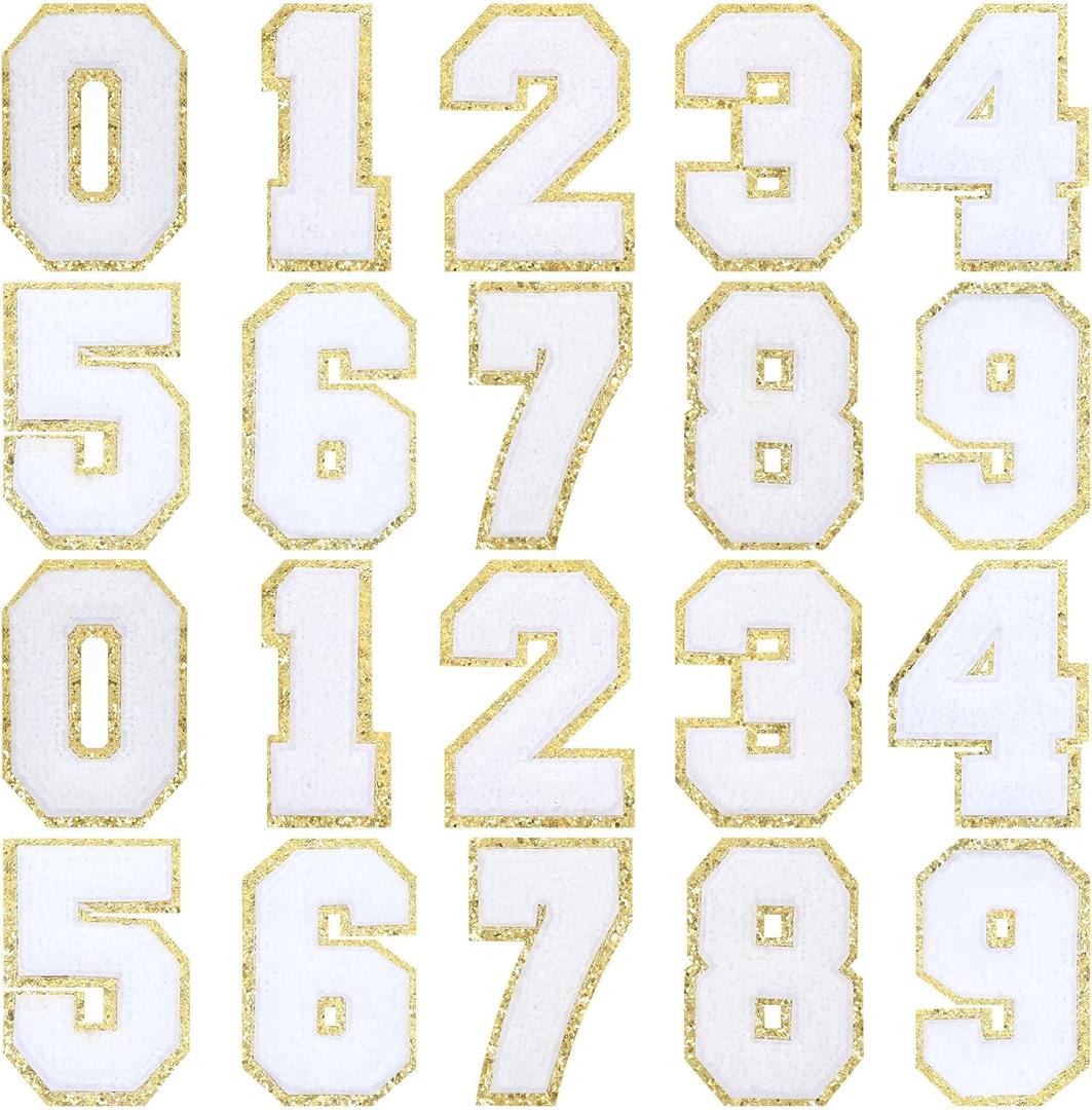 Juinte 20 Pcs 3.15 in Chenille Iron on Numbers Embroidery Patches with Glitter Sequins Sew 0-9 Applique for Team Uniform Sports T-Shirt Football Jeans Bags Decors(White)