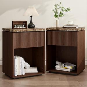 Marble Nightstand Set of 2, Wooden End Table with Fluted Drawer&Faux Marble-Top, Mid Century Modern Fluted Night Stand with Rounded Edge for Bedroom, Living Room, Office, Walnut, Dark Oak, 17.7" W × 13.8" D × 23.6" H