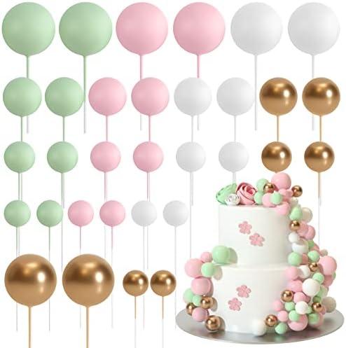 ASTARON Ball Cake Topper, 32 Pcs Foam & Wire Decorations, Mini Balloons Cake Topper Sticks, 4 Colors & Sizes for Wedding Party Birthday Cake Decorating