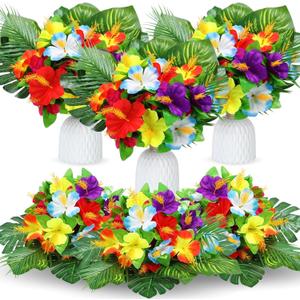 Hotop 12 Pcs Hawaiian Flower Centerpieces for Tables Artificial Palm Leaves Fake Hibiscus Flowers Tropical Party Decorations Supplies for Luau Safari Jungle Beach BBQ Theme Party Birthday Table Decor