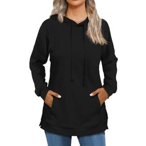 Beimuc Hoodies for Women Fashion Split Hem Drawstring Casual Long Sleeve Sweatshirts Tops with Pockets (Medium, Black)