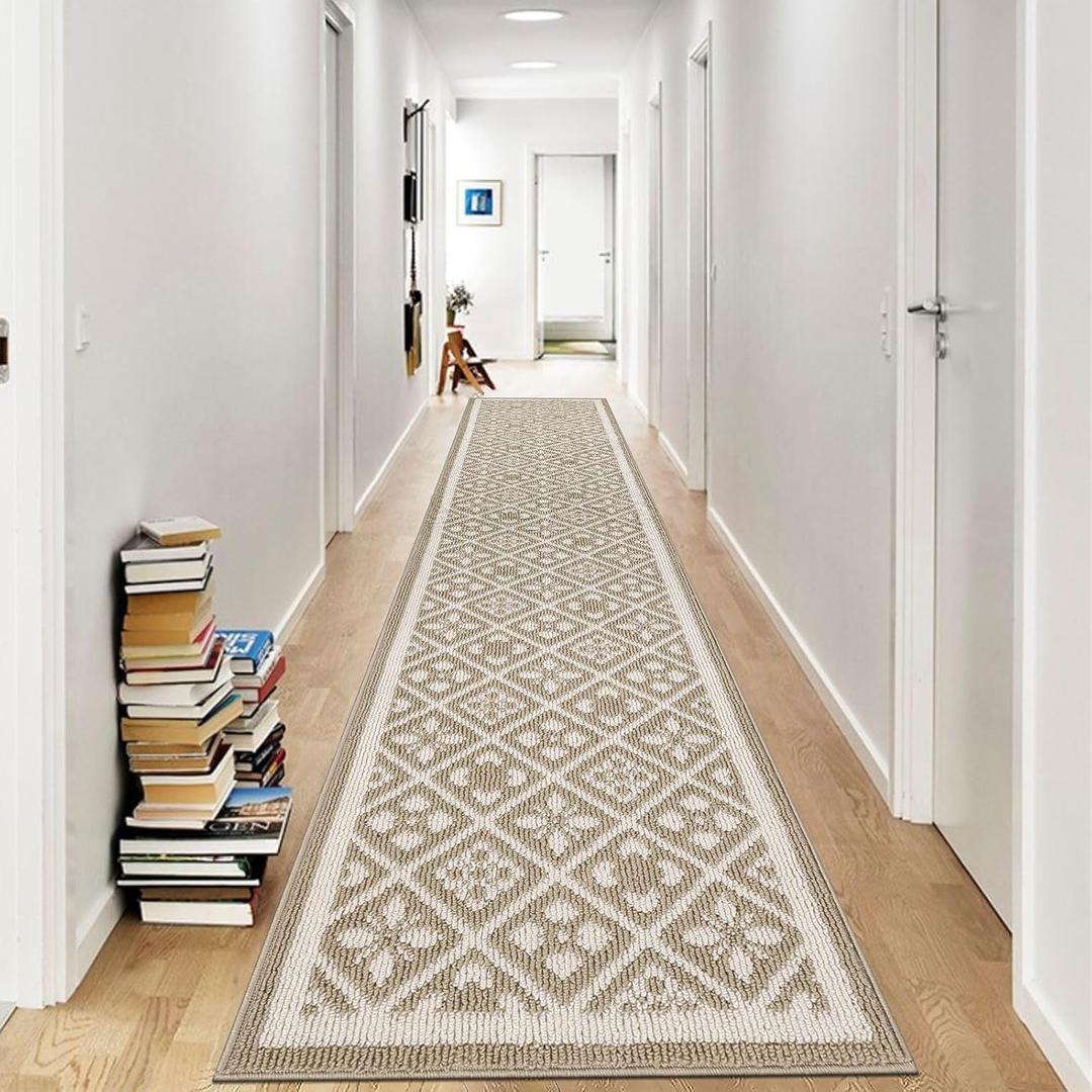 Ileading Runner Rugs for Hallways 2x10ft Heavy-Duty Durable Entryway Floor Mat with Non Slip Rubber Backing for Busy Traffic Extended Indoor Doormat Machine Washable Kitchen Throw Rug(Beige)
