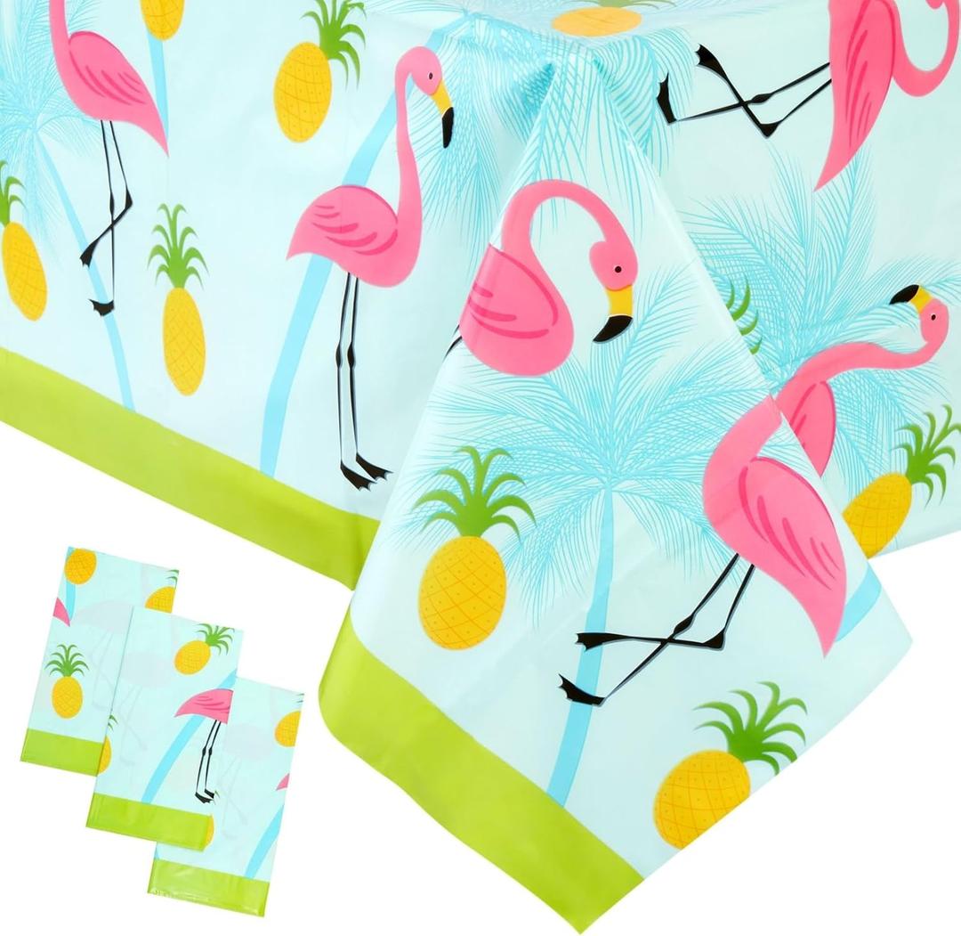 Juvale 3-Pack Flamingo Tablecloth for Pineapple Birthday Decorations, Plastic Table Cover for Tropical Hawaiian and Flamingo Party Supplies, Summer Pool Party (54x108 Inches)