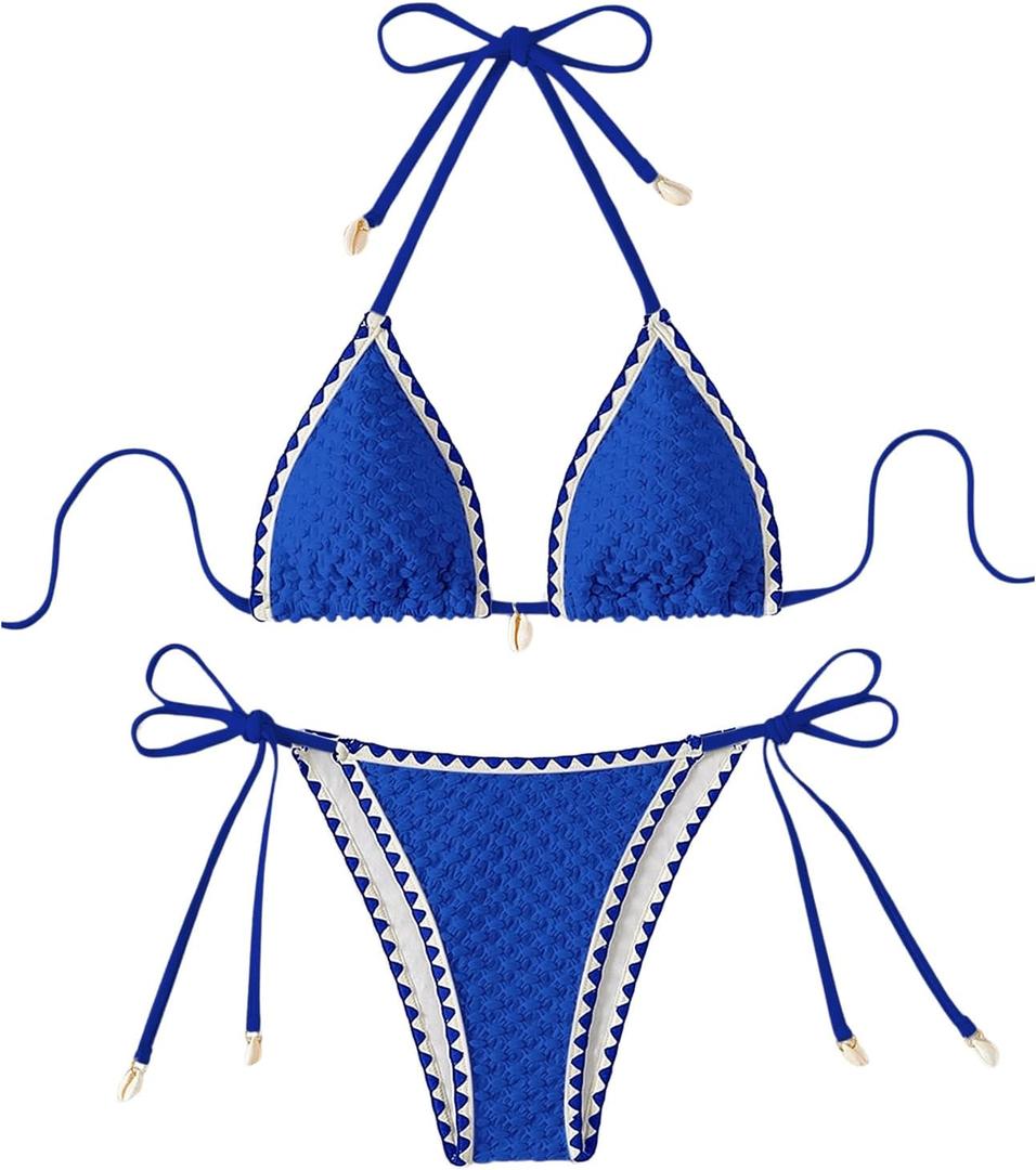 SHENHE Women's 2 Piece Triangle Beach Bikini Sets Color Block Halter Swimsuit Bathing Suit Royal Blue Small