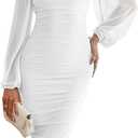MEROKEETY Women's Long Sleeve Wedding Guest Formal Dress Fall Winter Ruched Bodycon Mesh Cocktail Party Midi Dresses (White), S