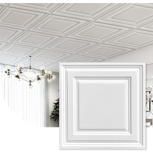2ft x 2ft White Icon Relief PVC Ceiling Tiles，Drop Ceiling Tiles 24 x 24in - Waterproof，Washable and Fire-Rated - Reusable-High-Grade PVC to Prevent Breakage Cover 48 Sq. Ft, Pack of 12 Tiles