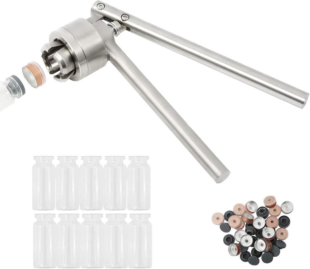HighFree 20mm Vial Crimper, Manual Sealer Hand Sealing Machine with 10 Set of 10ml Vials + Stopper + Caps, Handheld Vial Crimper for Crimping 20mm Diameter Plastic-Aluminum Flip Caps